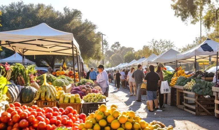 An early morning farmers market scene, bustling with vendors and customers, fresh produce on display, and a row of tents along a pathway.