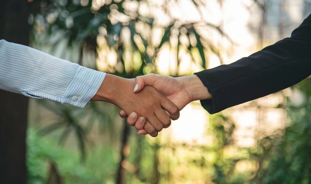 Two business partners shaking hands.