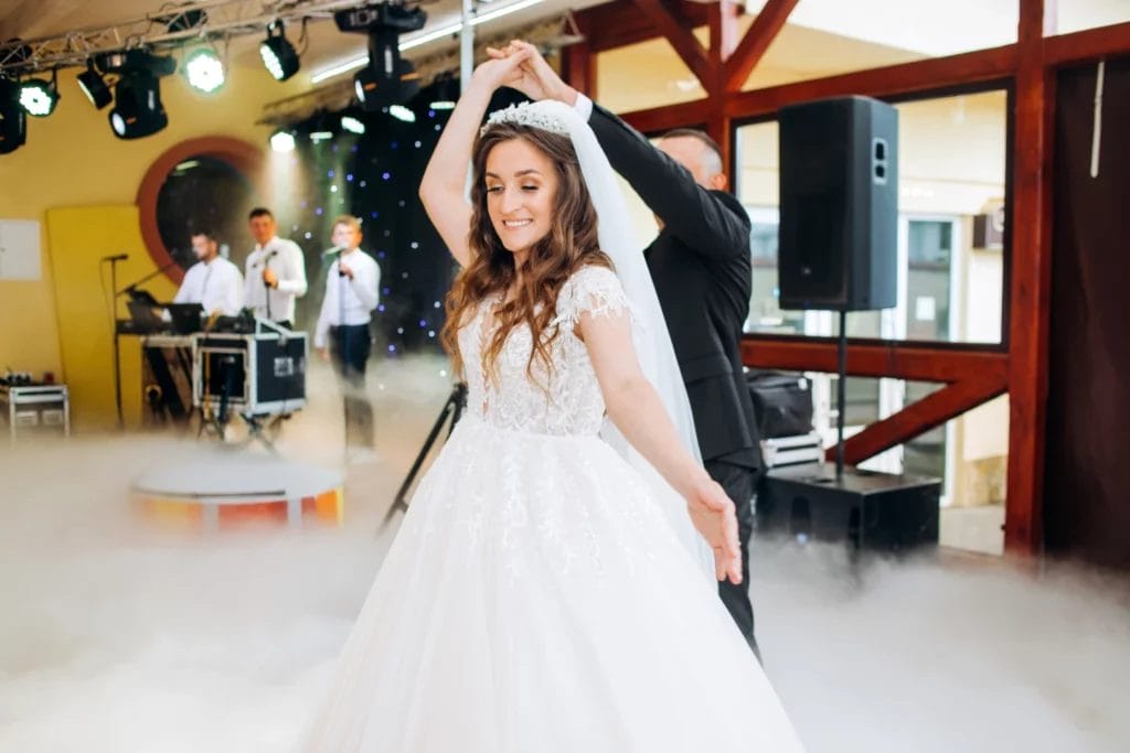 Newlyweds dancing to a live wedding band.