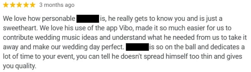 A Google review for a DJ.