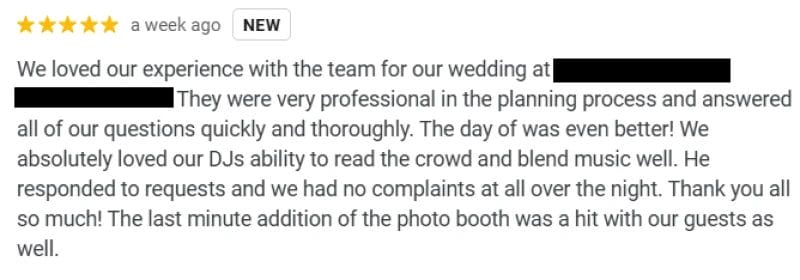 A Google review for a DJ.