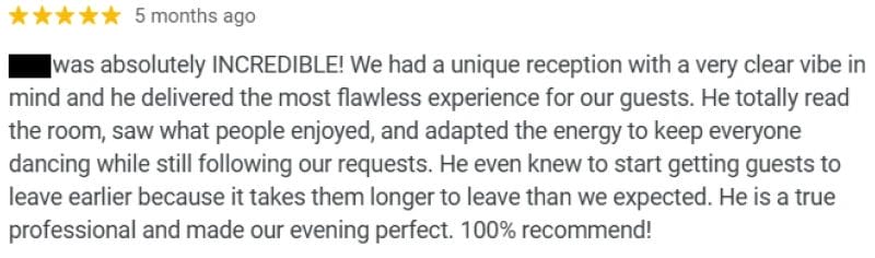 A Google review for a DJ.