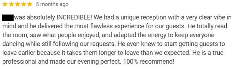 A Google review for a DJ.