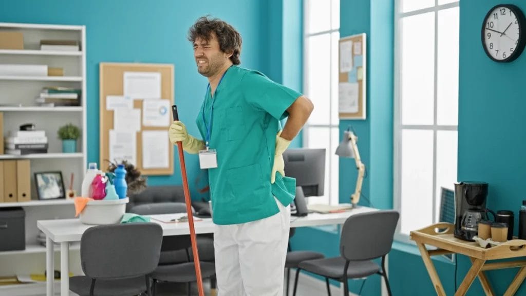 A man cleaner with a backache.