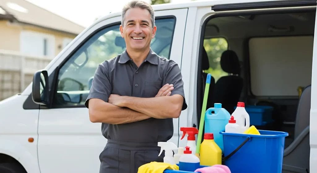 A male cleaning professional wearing a gray jumpsuit smiles and crosses his arms in front of a white work van with cleaning supplies stacked next to him.