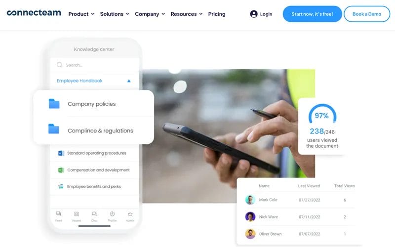 Connecteam software demo screenshot advertising the ability to organize business and client information in one place.