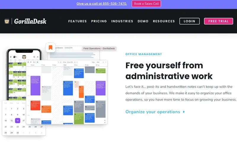 GorillaDesk software demo screenshot advertising the ability to organize client appointments and admin work in one place.