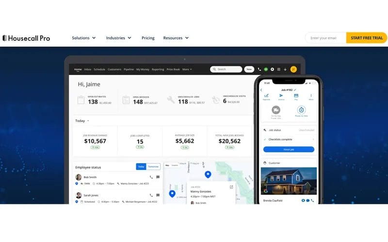 Housecall Pro software demo screenshot advertising the ability to organize business and client information in one easy dashboard.