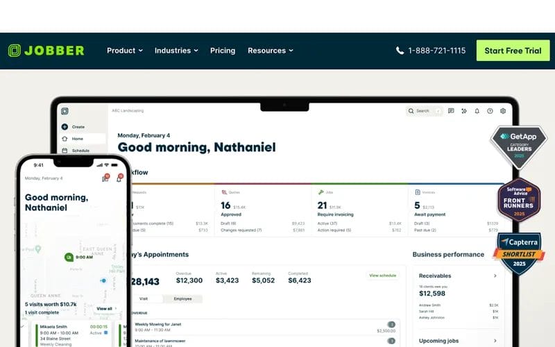 Jobber software demo screenshot advertising the ability to organize client appointments, schedules, and data.