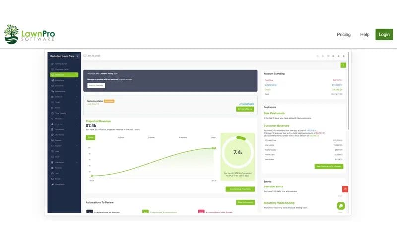 LawnPro software demo screenshot advertising their user dashboard.