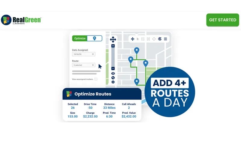 Real Green lawncare software demo screenshot advertising the ability to optimize landscaping routes.