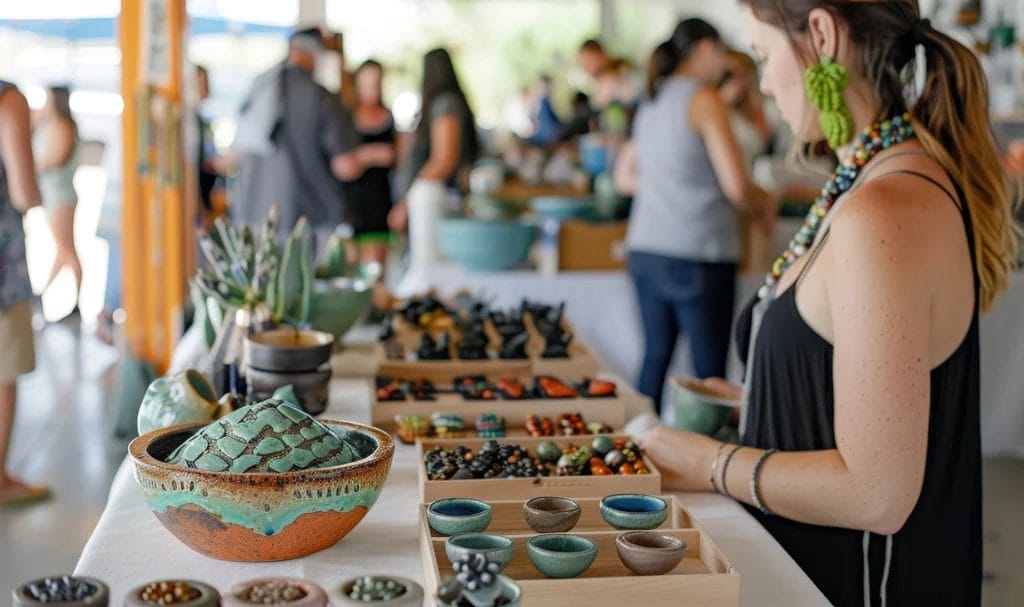A vendor is keeping her booth setup tidy and stocked during an outdoor market event.