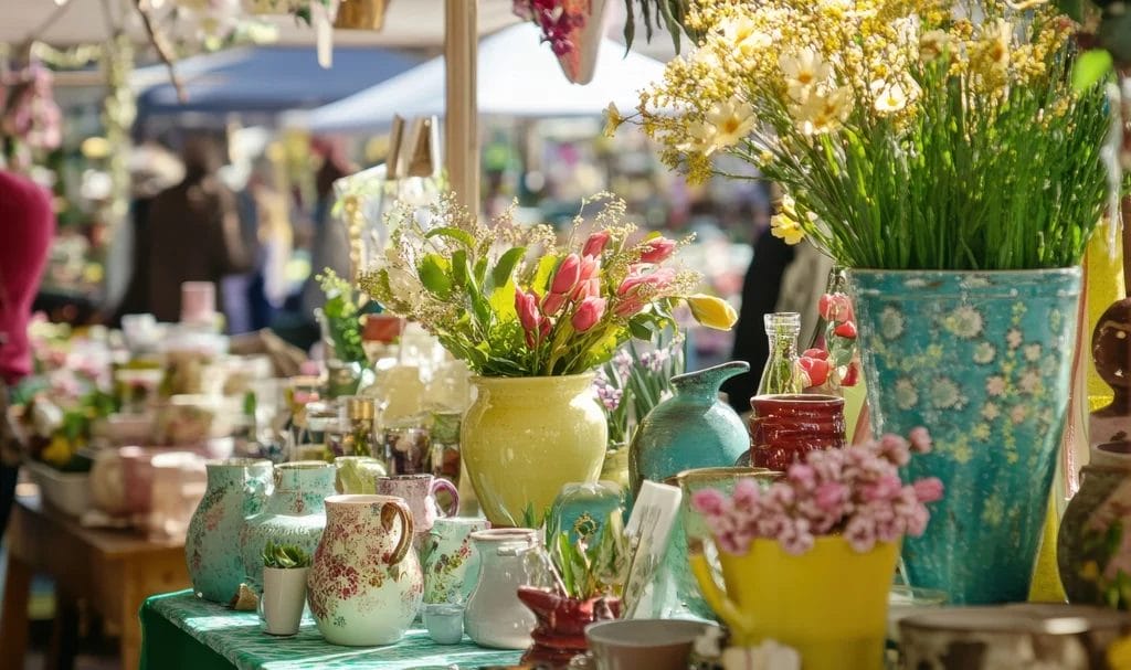 A look at the setup of a home decor vendor's booth at an outdoor event.