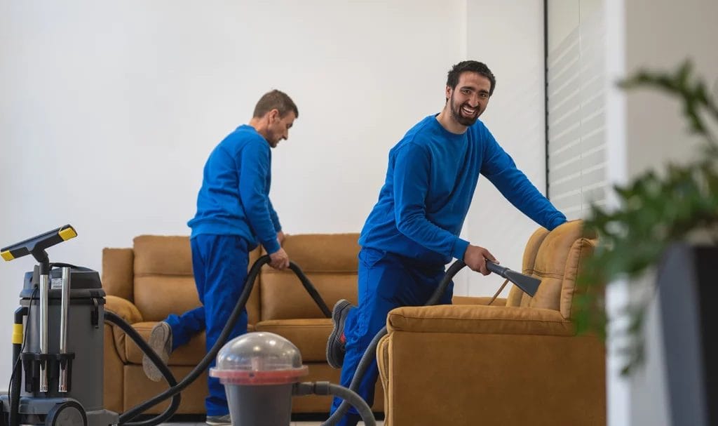 A cleaning team cleans a set of brown sofas.