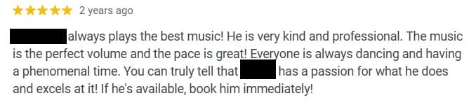 A Google review for a DJ.