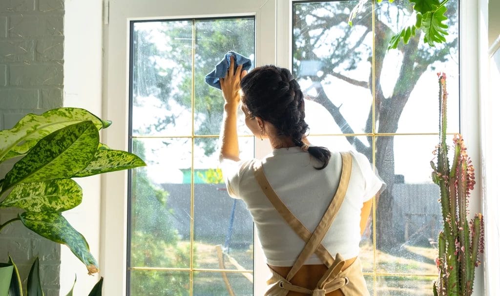 A cleaner is wiping down the interior surface of a home's windows.