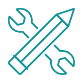 Illustrated pencil laying across a wrench in an "X" formation.