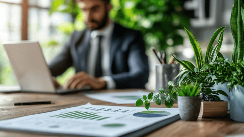 Consultant works on laptop in background while business reports and plants are in focus in the foreground, concept of business growth