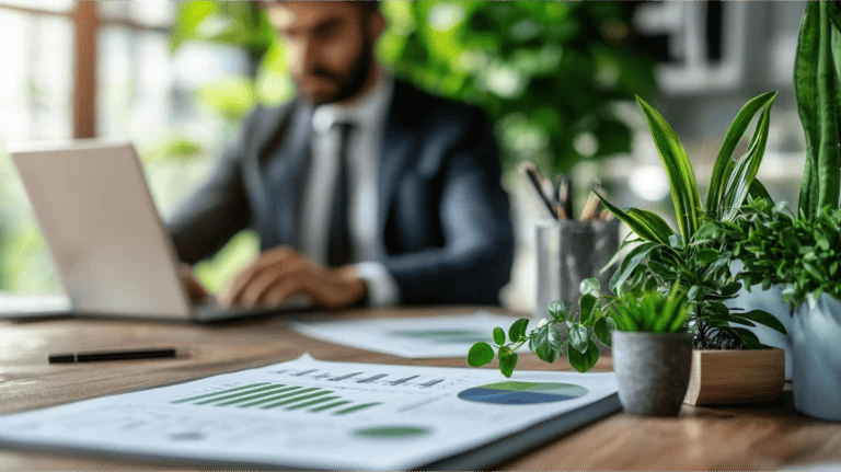 Consultant works on laptop in background while business reports and plants are in focus in the foreground, concept of business growth