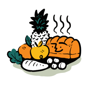 Happy icon of fresh bread and fresh veggies for a farmers market