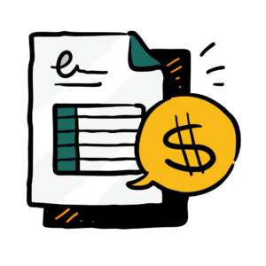 A checklist next to a speech bubble with a dollar sign in it