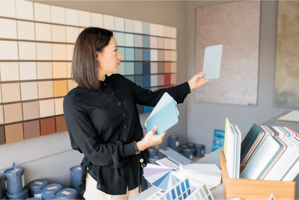 Interior design consultant holds up color samples to select paint colors.