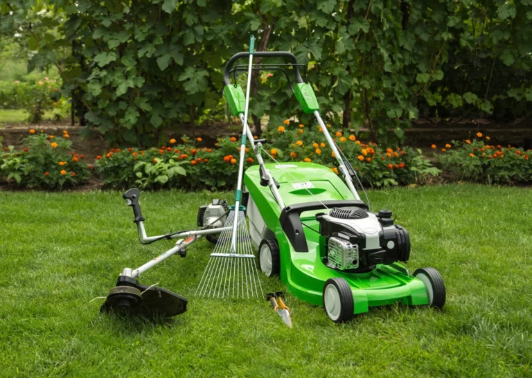 Lawn equipment sitting in the middle of someone's lawn.