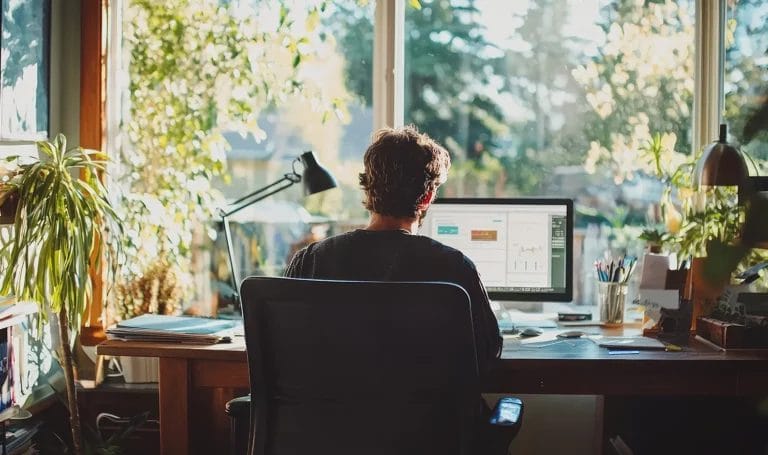 An over-the-shoulder view of a small business owner working from a desktop computer in a home office in front of a large window, surrounded by indoor plants and home office decor.
