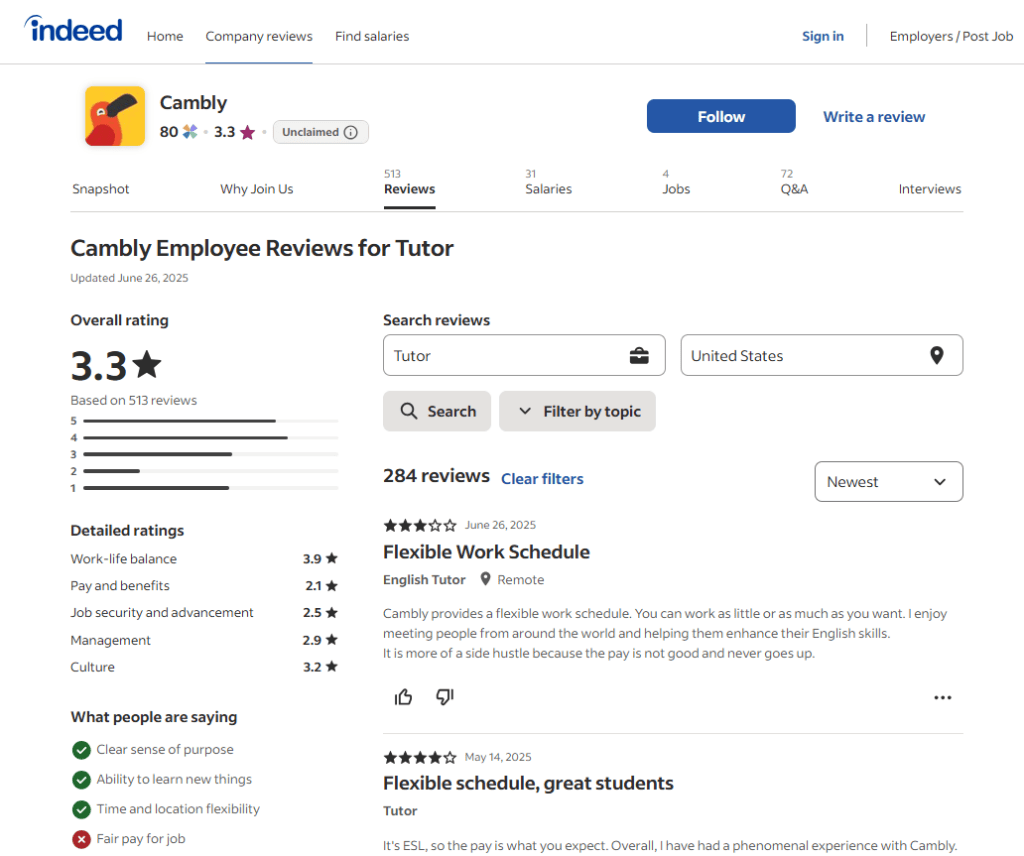 Indeed platform screenshot of Cambly