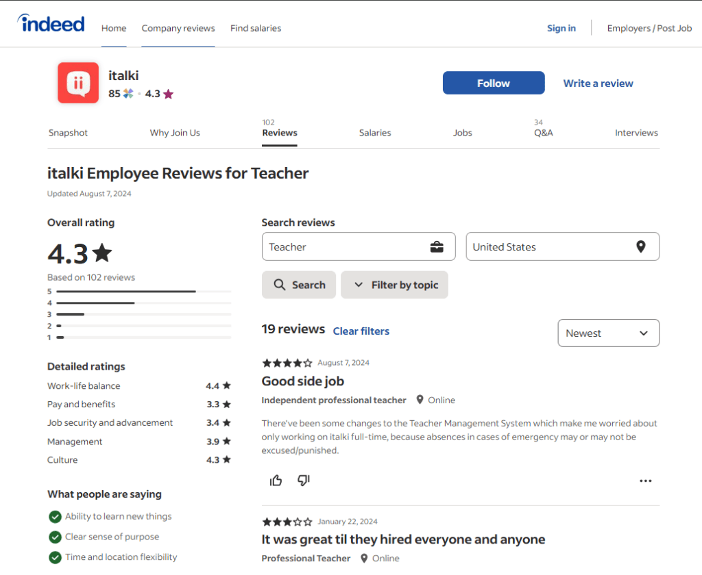 Indeed platform screenshot of Italki