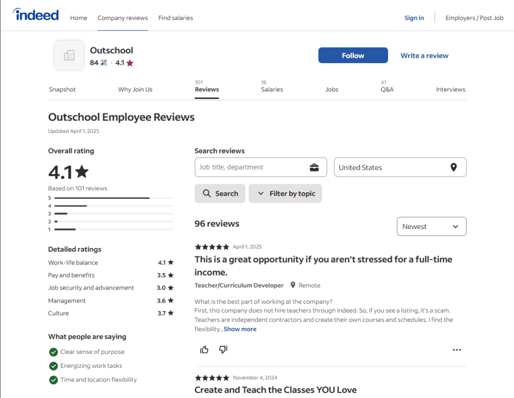 Indeed platform screenshot of Outschool