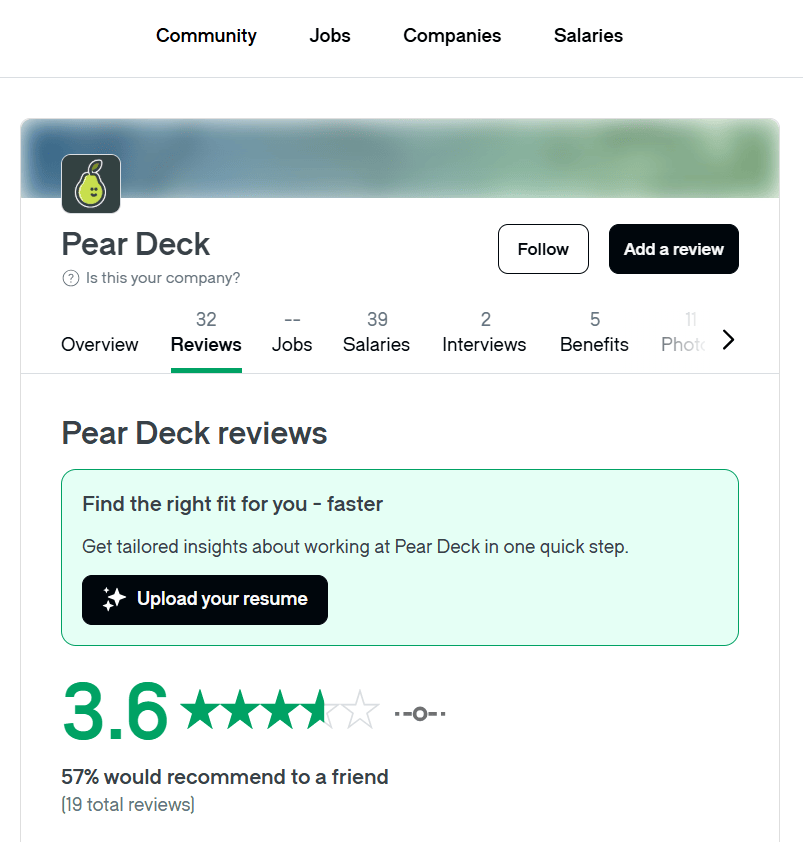 Glassdoor platform screenshot of Pear Deck Tutor