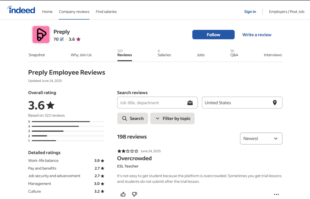 Indeed platform screenshot of Preply