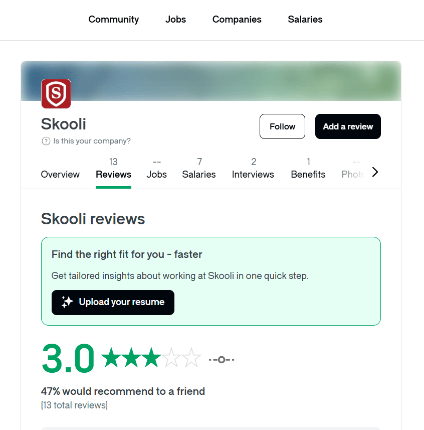Glassdoor platform screenshot of Skooli