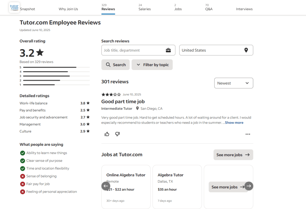 Indeed platform screenshot of Tutor.com