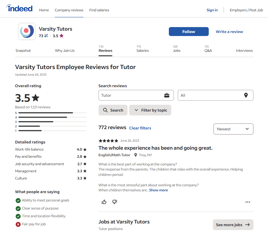 Indeed platform screenshot of Varsity Tutors