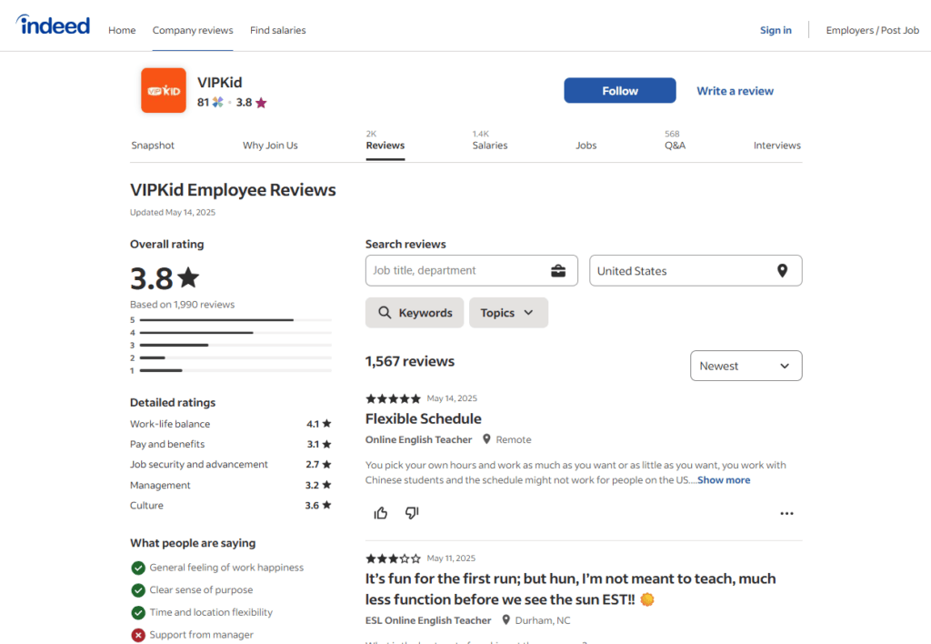 Indeed platform screenshot of VIPkid