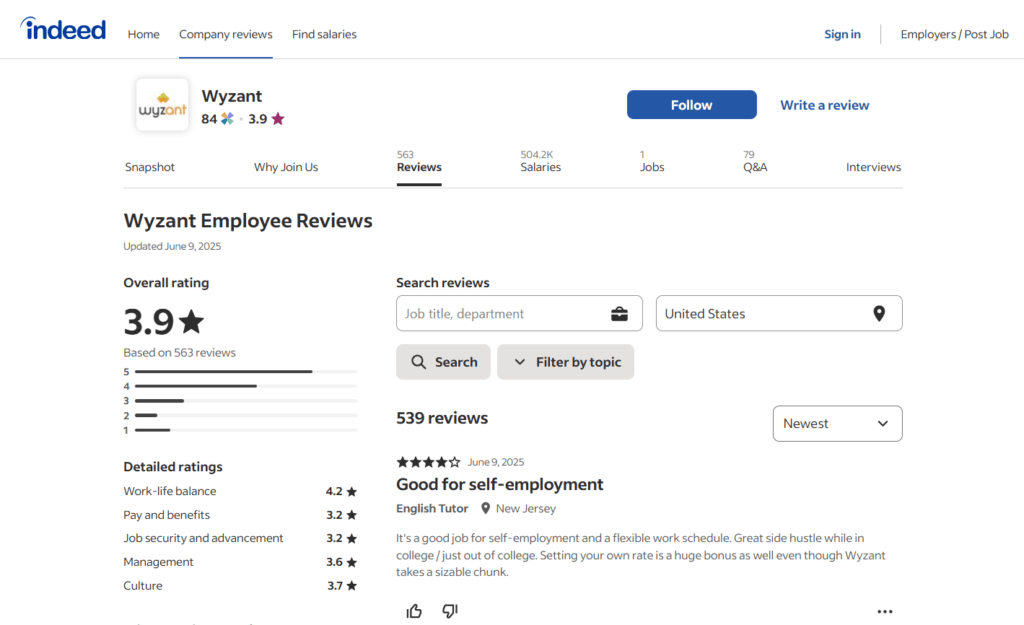 Indeed platform screenshot of Wyzant