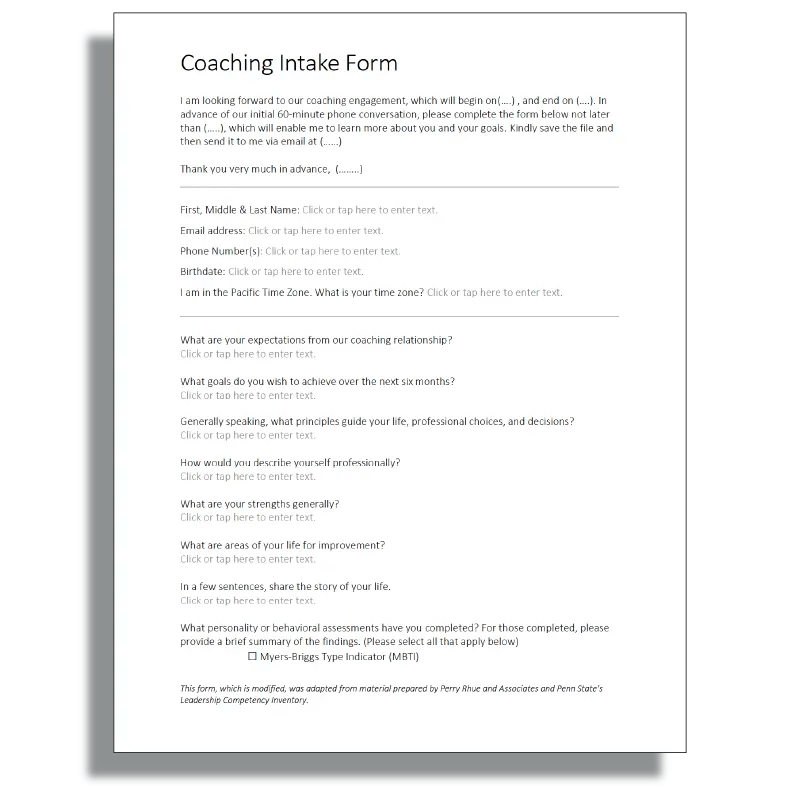 Coaching Intake Form Life Coach