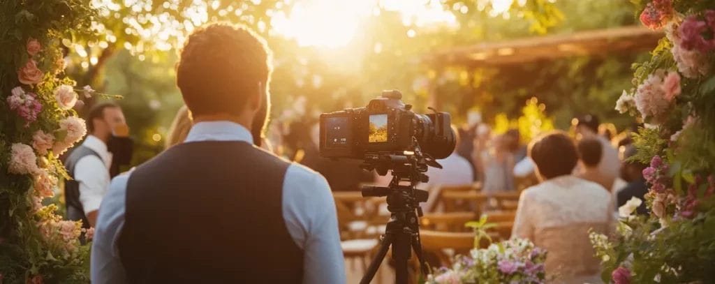 A wedding photographer films an outdoor wedding decorated with pink florals during sunset hour.