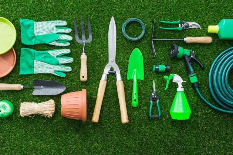 Some common landscaping tools laid out on grass