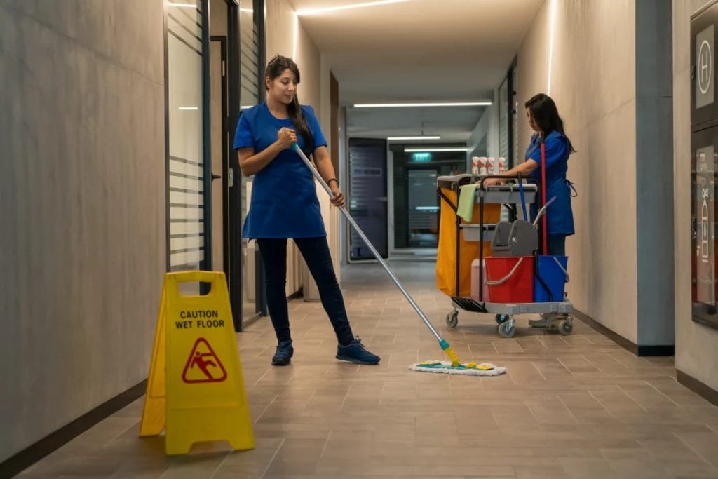 Two professional cleaners in blue work wear clean an office hallway behind a wet floor sign.