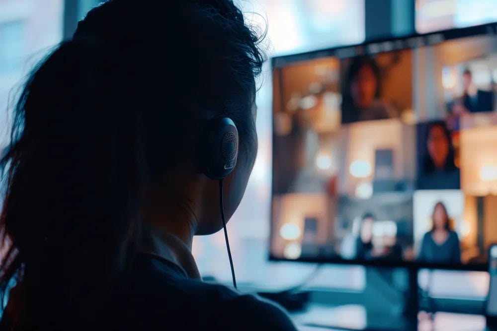 Person wearing headphones in a video call.
