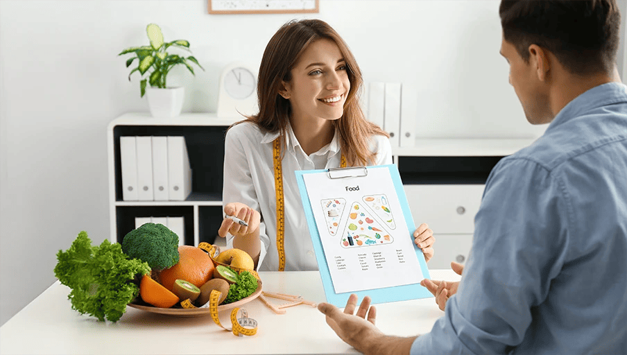 A nutrition and health professional talks through dietary options.