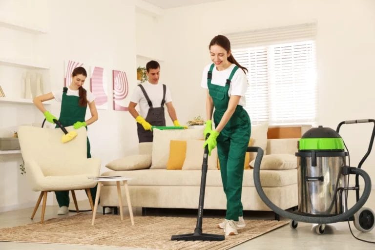 professional carpet and upholstery cleaning team working in a living room