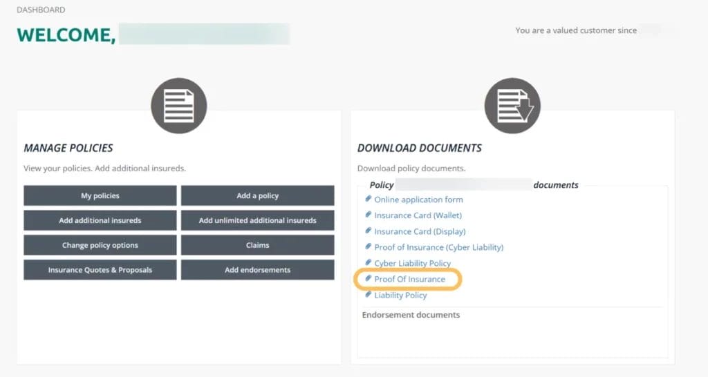 A screenshot of the Insurance Canopy user dashboard welcome page, displaying text in teal, blue, and gray, including phrases, "Welcome," "Manage Policies," and "Download Documents" with icons depicting forms and form download.