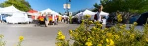shoppers walk by white market stalls at an outdoor festival