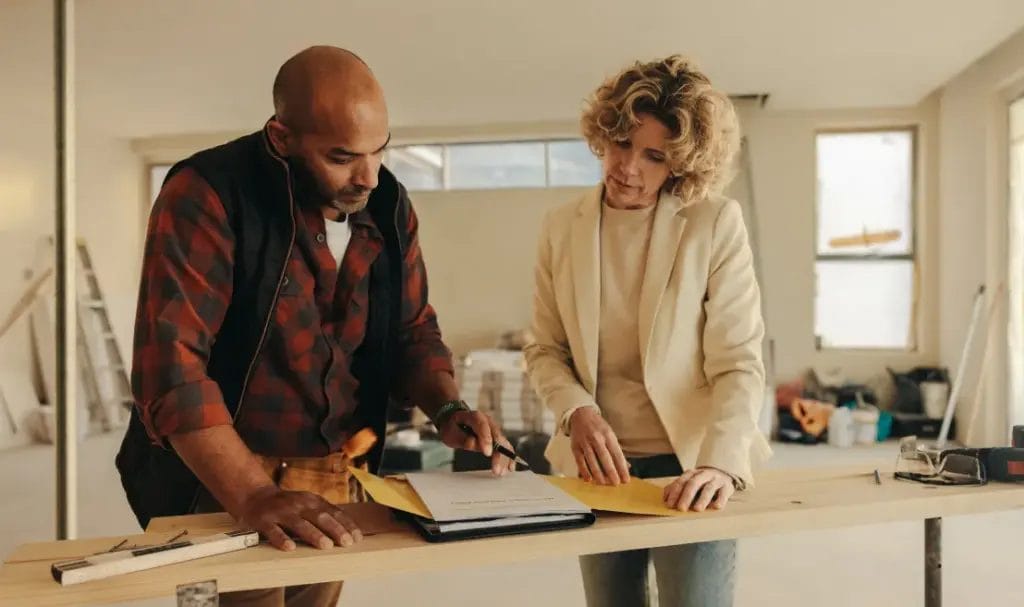 A contractor wearing a red flannel shirt and black vest reviews documents with a client in a room under construction at a makeshift wooden table.