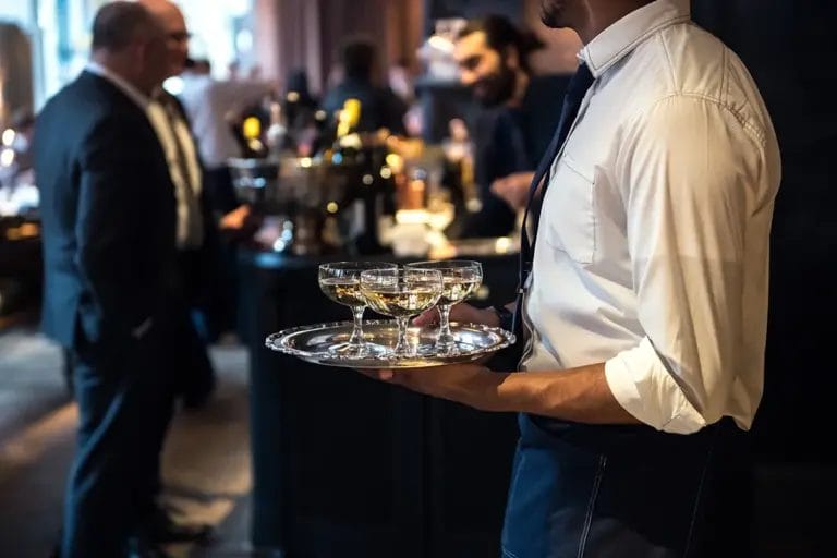 A waiter holds a tray with three drinks in the foreground while businessmen mingle at a corporate mixer in the background.