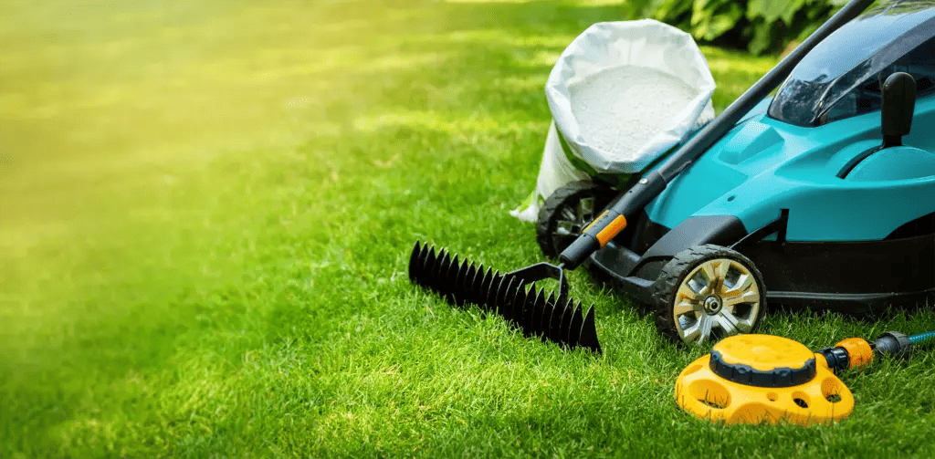 Lawn mower, seeds, a rake, and a water sprinkler on a green lawn.